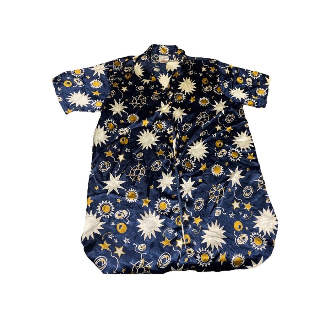 Vintage Allyson Whitmore Celestial Pajama Top Large Sun Moon Stars Silky Blue